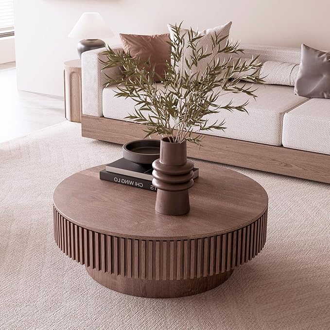 39.37'' Round Coffee Table with Storage, Solid Wood Veneered Modern Drum Coffee Table Accent Tea Table for Living Room, Bedroom, Apartment or Office-Walnut