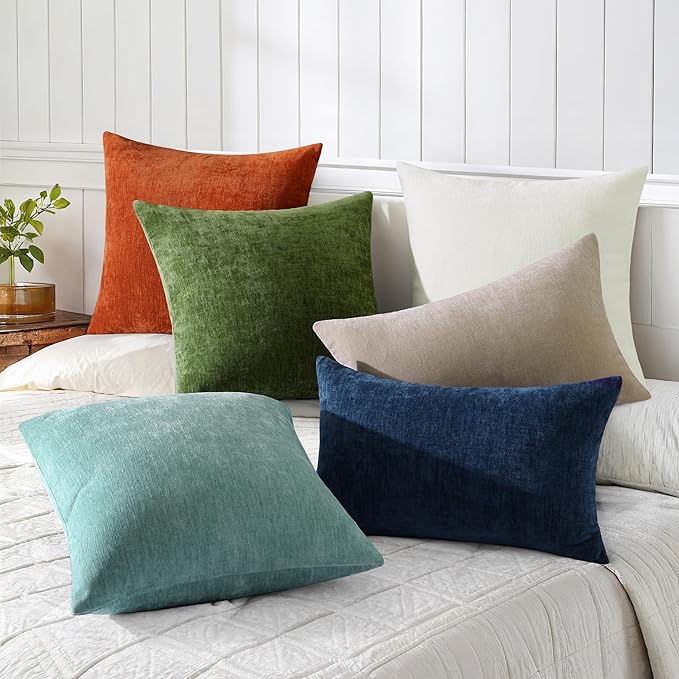 decorUhome Chenille Cream White Throw Pillow Covers 16x16 Inch Set of 2, Decorative Soft Couch Pillow Covers Solid Dyed Accent Farmhouse Neutral Square Pillow Cases for Sofa