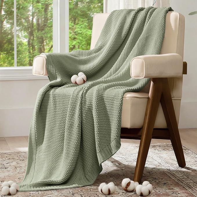 100% Cotton Cable Knit Throw Blanket, Large Lightweight Soft Knit Blanket for Sofa Couch Bed, Breathable All-Season Throw, Cozy Decorative Blanket, 60 x 80 Inch,Sage