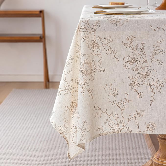Floral Linen Tablecloth 55 x 90 inch Wrinkle Resistant Vintage Farmhouse Tablecloth Brown Pattern Printed on Cream Table Cloth Rectangle Cottage Burlap Textured Fabric Table Cover Home Decor Holiday