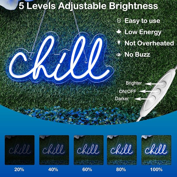 Wanxing Chill Neon Sign Blue Led Sign Chill Neon Wall Sign 14'' x 7'' Led Word Lights for Wall Decor Neon Light for Bedroom USB Powered Switch Light up Sign for Bar Hotel Game Room