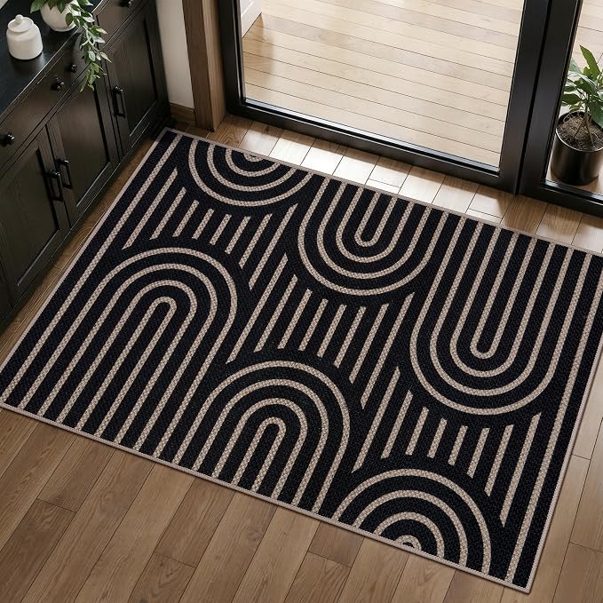Tangsoo Modern Easy Jute 2x3 Outdoor Washable Rug for Entryway,Non-Slip Black Rug Farmhouse Small Throw Mats Neutral Indoor Floor Carpet for Entrance Front Porch Foyer Decor