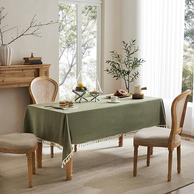 Linen Tablecloth with Tassels, Farmhouse Style Green Tablecloth, Water Resistant Burlap Tablecloths for Rectangle Table, 60x120 Inch Olive