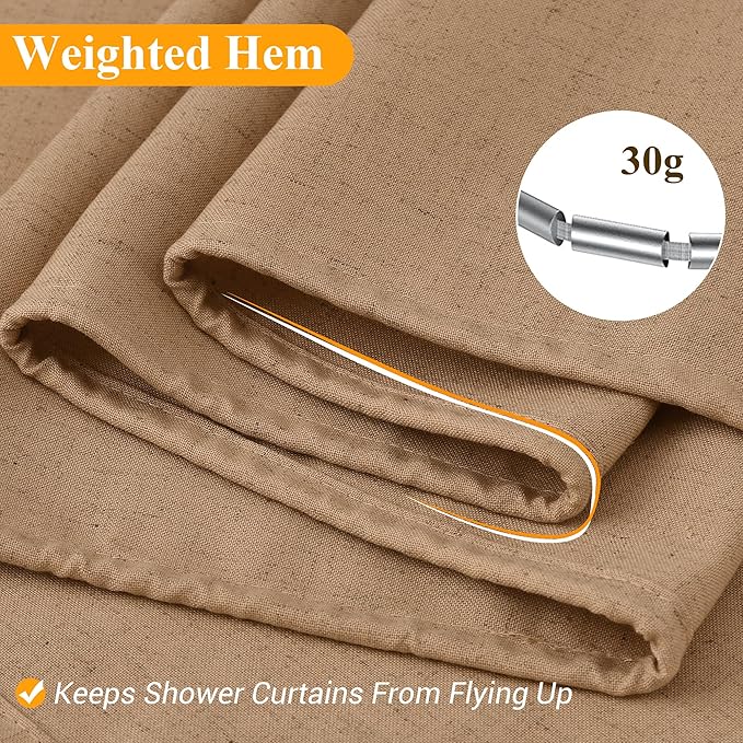 Naturoom Camel Linen Shower Curtain, Country Boho Farmhouse Bath Decor Shower Curtains Neutral Cloth Weighted Textured Fabric Bath Curtain Liner with Hooks, 72x84