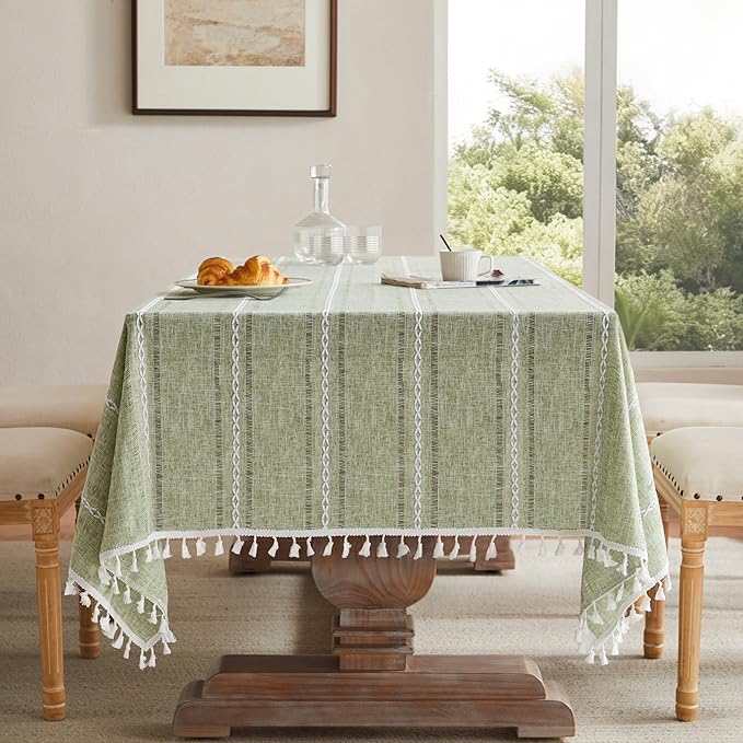 ZeeMart Hemstitched Embroidery Striped Boho Tablecloth 54x70 Inch Light Green, Heavy Weight Farmhouse Burlap Linen Sage Tablecloth, Wrinkle Resistant Washable Table Cloth for Rectangle Table