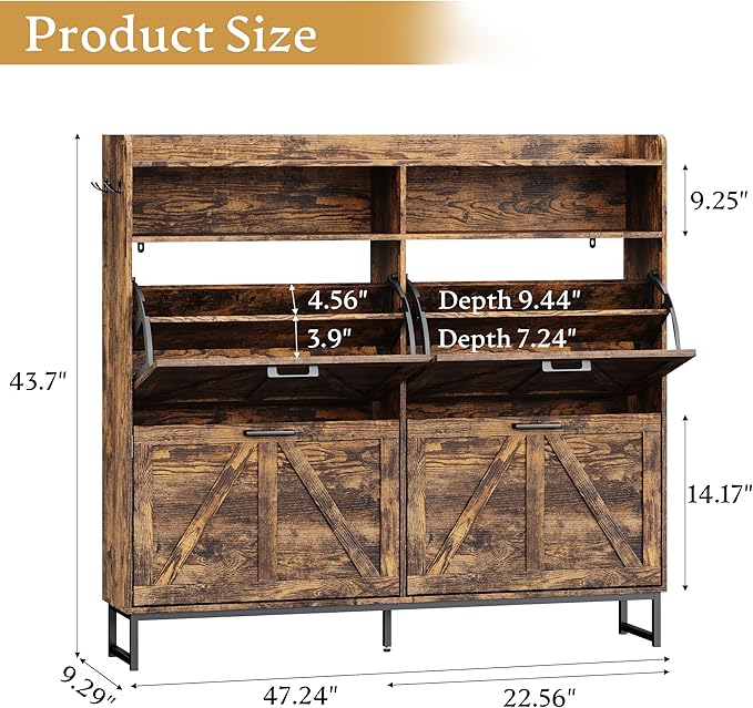 Wodeer Shoe Cabinet Storage for Entryway, Shoe Storage Cabinet with 4 Flip Drawers, Freestanding Narrow Shoe Rack Organizer with Metal Legs, Adjustable Shelves & Open Storage for Foyer, Hallway, Brown