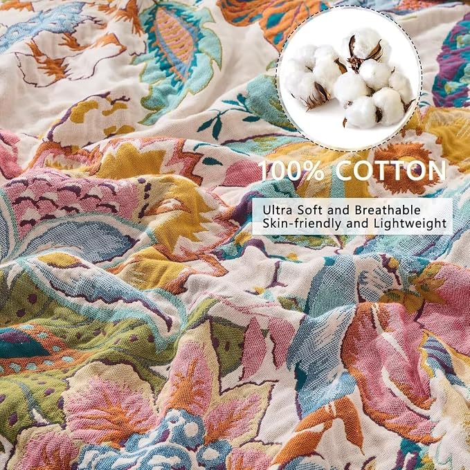 Boho Throw Blanket Farmhouse Decor Throw Blanket Bohemian Blanket for Bed 100% Cotton Muslin Woven Couch Blanket All Seasons Quilt Bedroom (C-Beige, 80"x90")