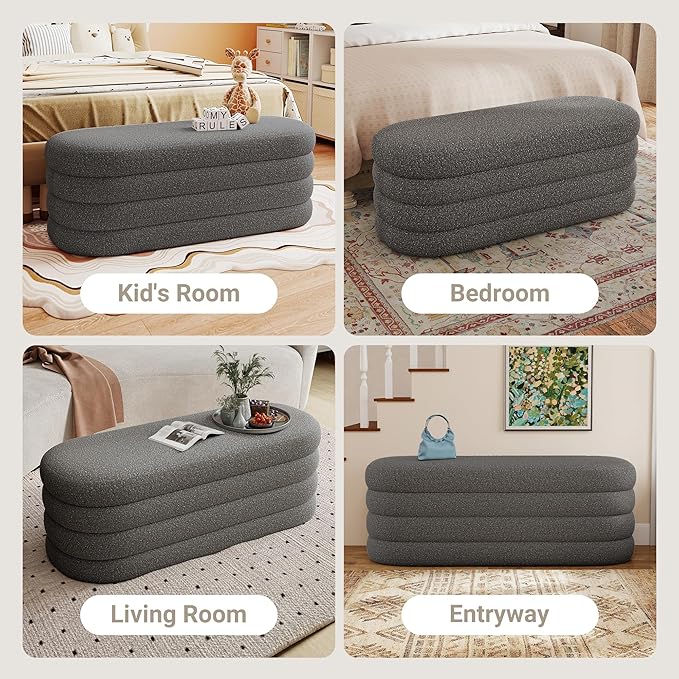 Busaurus Storage Ottoman Bench 49.2 Inch Upholstered Fabric Storage Bench for Bedroom End of Bed Aesthetic Large Oval Ottoman for Living Room(Grey)
