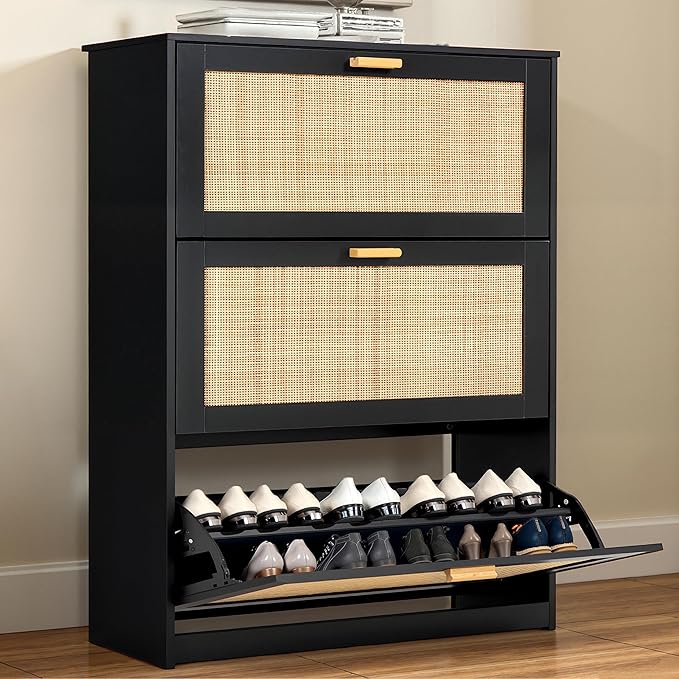 Finnhomy Extended Edition Shoe Cabinet with Natural Rattan Flip Drawers for Entryway, Free Standing 3 Tier Slim Shoe Organizer, Shoe Cabinet with 3-Gear Adjustable Width Drawers, Black