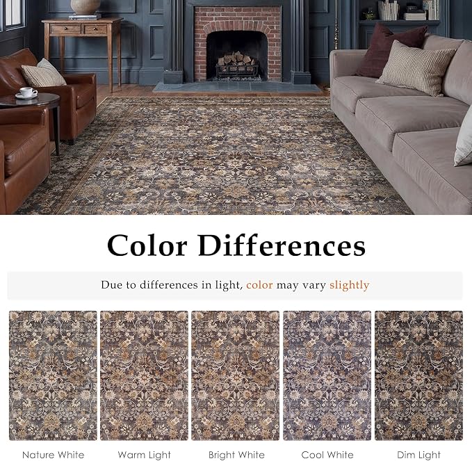 HUGEAR 2'6''x10 Runner Rug Machine Washable Tradition Brown Hallway Area Rugs Indoor Accent Rugs Floral Low Pile Carpet Distressed Throw Rug Bedroom Living Room Office Dining Kitchen Laundry Non Slip