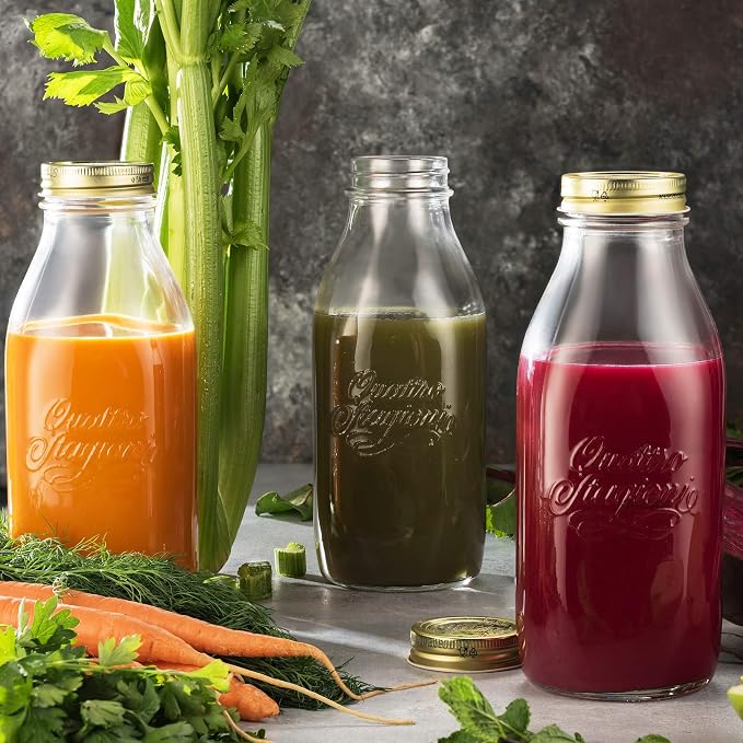 Bormioli Rocco Quattro Stagioni Bottles - 33.75 Oz Glass Jars with Airtight Twist Lids for Pantry Storage, Homemade Gifts, Seasonal Décor, Beverage Serving & Canning - Made in Italy (Set of 2)
