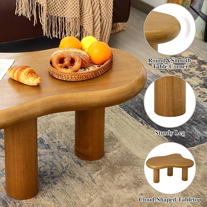 34"(L) Cloud Coffee Table, Modern Wood Coffee Table for Living Room, Accent Center Tables with 3 Legs, Small Tea Tables for Balcony, Patio, Bedroom, Wood