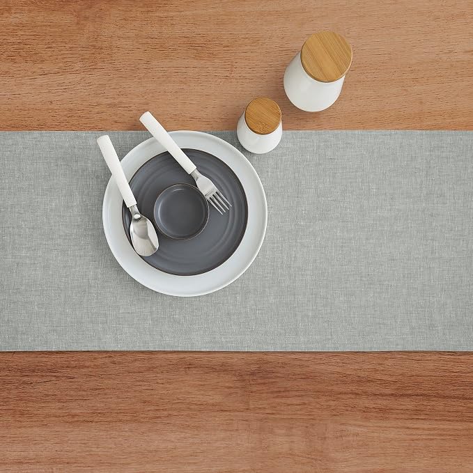 Solino Home Linen Chambray Grey Table Runner 132 Inches Long - Athena, 100% Pure Linen Dining Table Runner 14 x 132 Inch