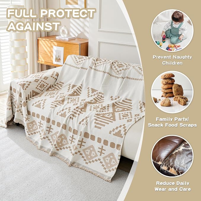 MEETSKY Boho Couch Cover Sofa Covers for Dogs，Decorative Soft Blend Washable Sofa Slipcovers Simply Put Sofa Throw Cover for Living Room, Khaki, 71" x 118"