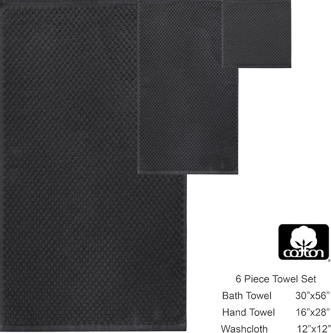 COTTON CRAFT Waffle 6 Piece Towel Set - 100% Cotton - 2 Oversized Luxury Euro Spa Waffle Weave Large Bath Towels, 2 Hand Towels, 2 Washcloth - Absorbent Quick Dry Hotel Bathroom Shower Pool - Charcoal