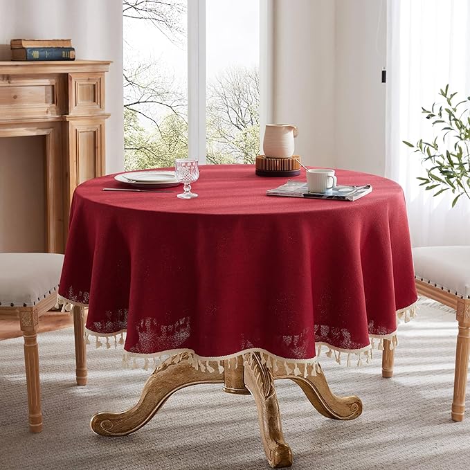 Linen Tablecloth with Tassels, Farmhouse Style Burgundy Tablecloth, Water Resistant Burlap Tablecloths for Round Table, 52 Inch Round Burgundy