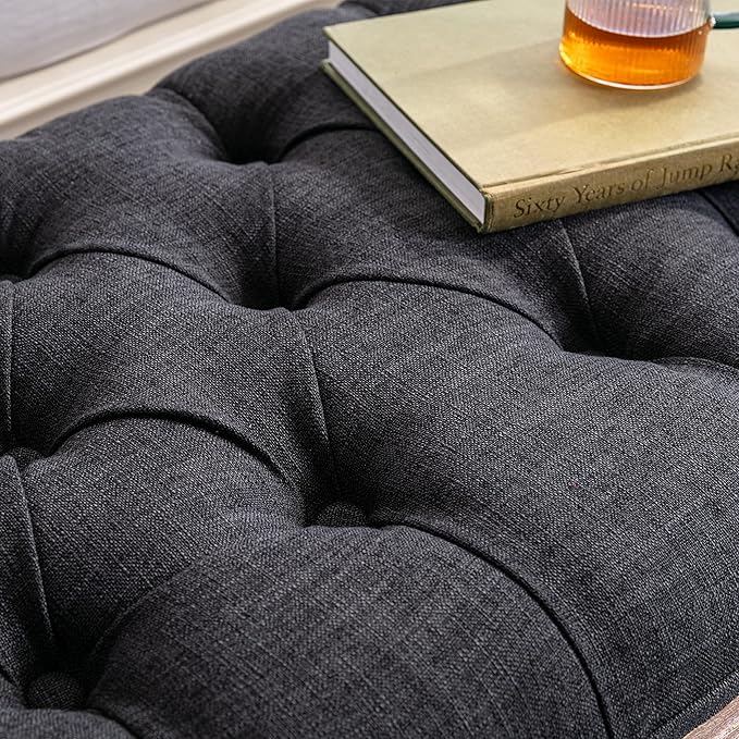 chairus Linen Halfmoon Entryway Bench 55" Button Tufted Semi-Circle Ottoman Comfy Upholstered Seat for Bedroom/End of Bed/Mudroom, Charcoal Black
