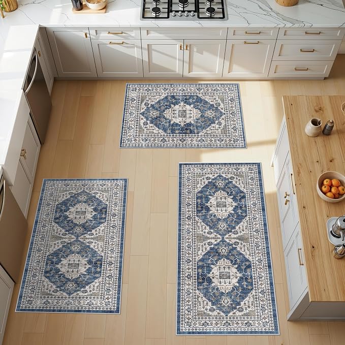Washable 4-Piece Kitchen Floor Mats: Farmhouse Non-Slip Kitchen Sink Rug Easy Clean Water-Resistant Runners for Hallway Bathroom Soft Decorative Carpet for Pet Feeding Area(2x3+2x4+2x5+2x6,Blue)