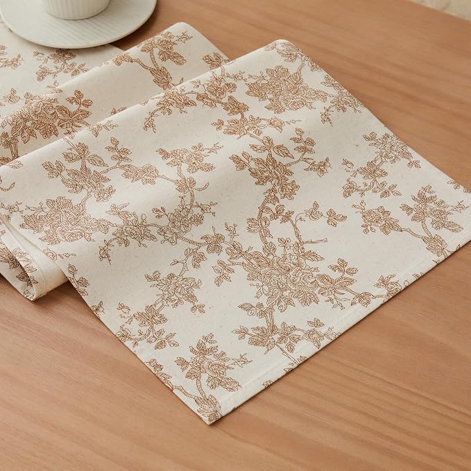 100% Cotton French Pastoral Table Runners, 13x48 Inch Brown Farmhouse Table Runners 48 Inches Long, Vintage Flowers Print Home Decors