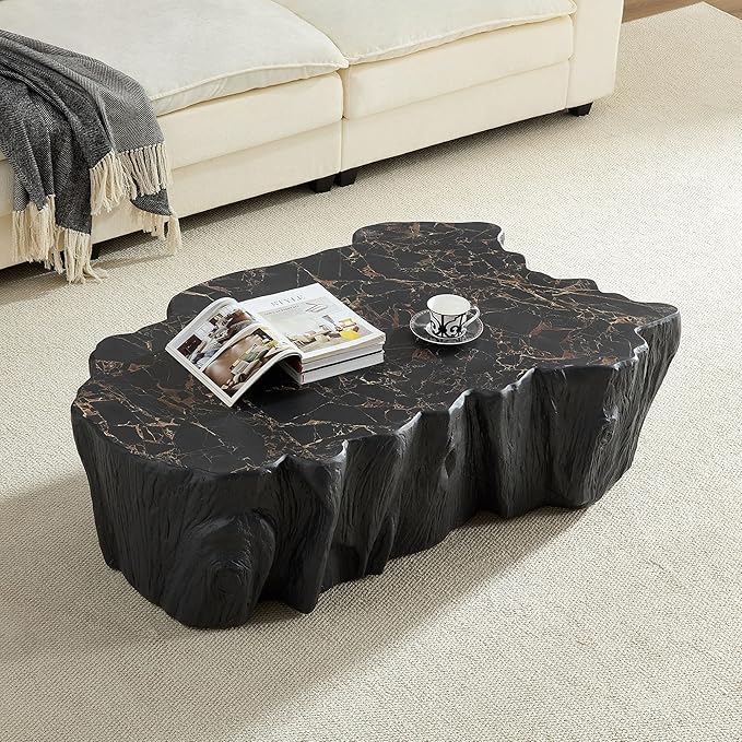 48.62" Coffee Table Modern Unique Shape Fiberglass Center Table for Living Room Apartment Office, No Need Assembly, Black Tree Root Texture Pattern