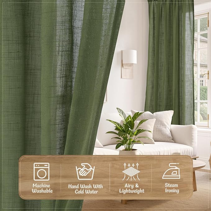 LAMIT Olive Green Sheer Linen Curtains 84 Inches Long 2 Panels Set, Light Filtering Living Room Panels Back Tab and Rod Pocket Christmas Farmhouse Drapes for Bedroom/Sliding Glass Door, 52 x 84 Inch