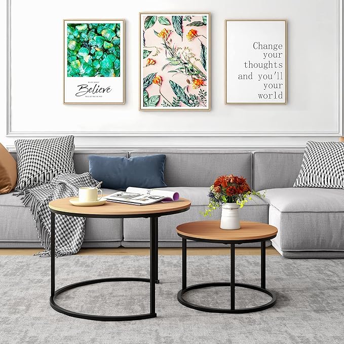 HOJINLINERO Round Coffee Table,Nesting Coffee Table Set of 2,Center Tables for Living Room,Office, Home Small Space,Stacking Side Tables,Sturdy and Easy Assembly,Wood Desktop,Black+Teak OAKDK,Large