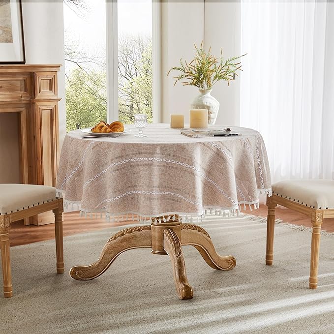 ZeeMart Hemstitched Embroidery Striped Boho Tablecloth 54 Inch Round Natural, Heavy Weight Farmhouse Burlap Linen Neutral Tablecloth, Wrinkle Resistant Washable Table Cloth for Round Table