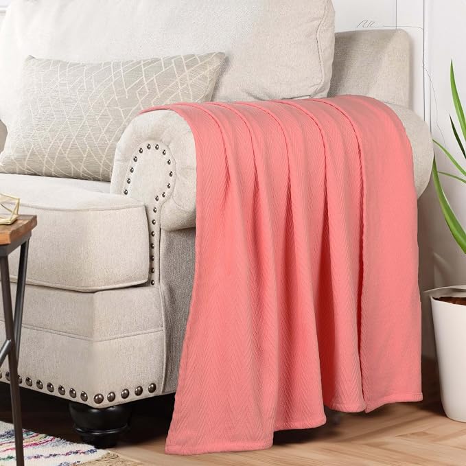 Superior Metro All-Season Cotton Blanket, Woven Blanket for Couch, Bed, Bedding, Farmhouse, Home Essentials, Cute and Cozy Bohemian Blankets, Herringbone Weave, Throw Size, Coral