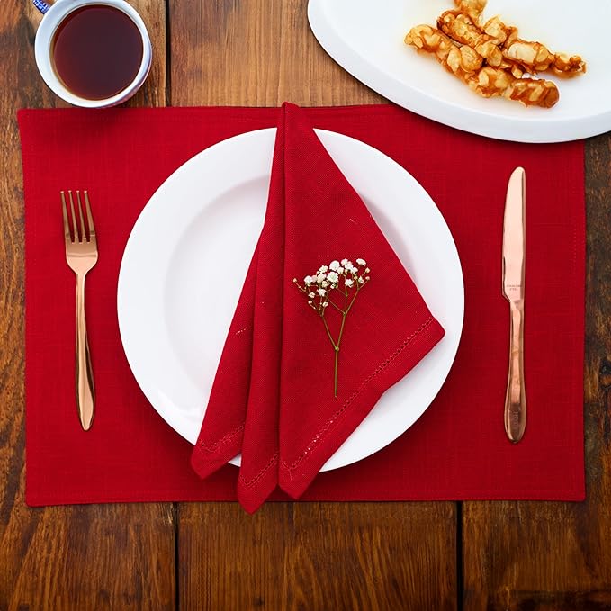 Red Hemstitch Cloth Napkins 100% Cotton – Dinner Napkins Set of 6/12, 18x18 – Washable Fabric Napkins for Holiday, Christmas, Thanksgiving Table Décor