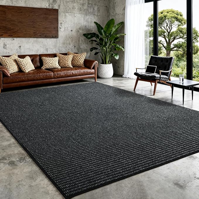 Softlife 5x7 Rugs for Living Room Faux Jute Area Rug Washable Modern Bedroom Rugs Large Non-Slip Farmhouse Floor Carpet for Dining Room Hallway Office Kitchen Entryway, Black