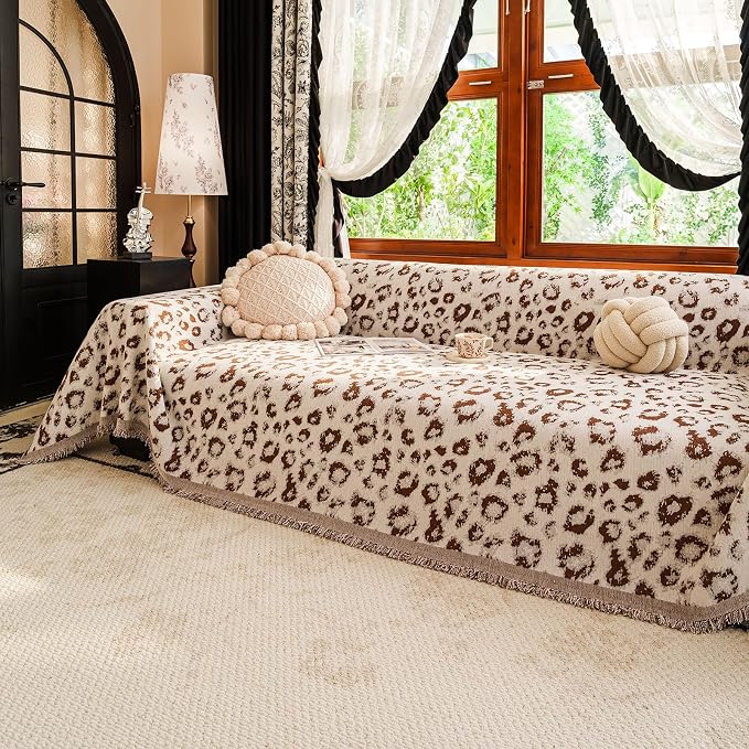 VClife Bohemian Leopard Couch Cover Furniture Protector, Washable Non Slip Sofa Cover for L Shape, Anti-Pilling Couch Covers for 3-4 Cushion Couch Sofa Dog Cat Sofa Throw Cover, Khaki, 71''x150''