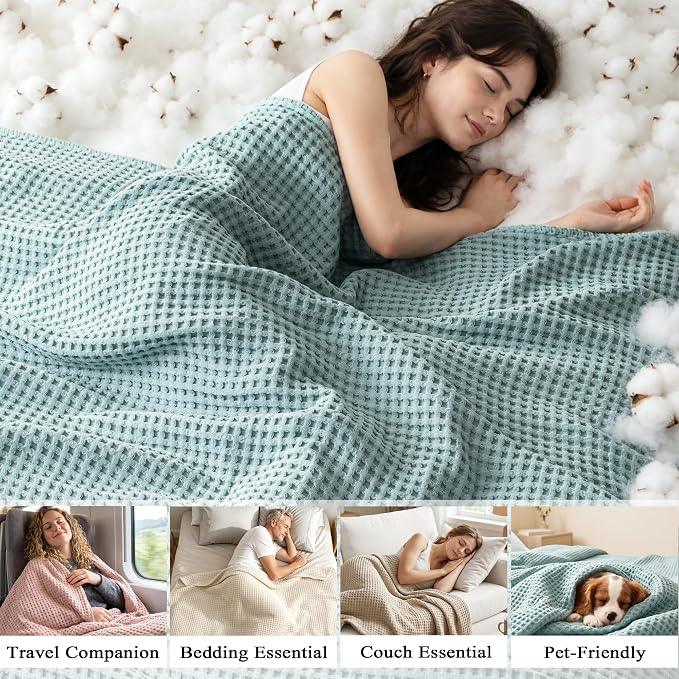 Exclusivo Mezcla Pre-Washed 100% Cotton Waffle Blanket Twin Size for Bed, 330GSM Lightweight Breathable Summer Blankets, Soft and Cozy, Home Decor, Slate Blue, 60x80 Inches