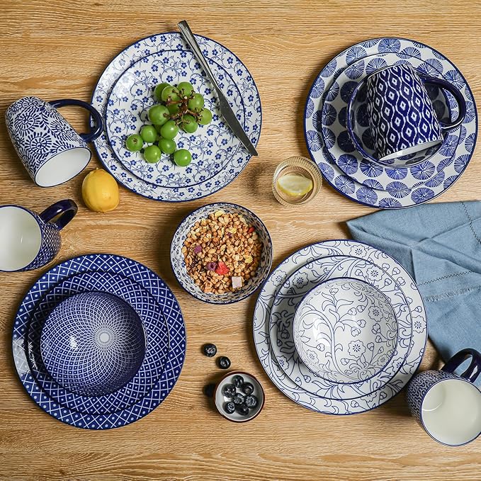 Selamica Ceramic Dinnerware Sets for 4, 16 Pieces Dishes Set, Scratch Resistant Plates and Bowls Sets, Microwave and Dishwasher Safe (Vintage Blue) A
