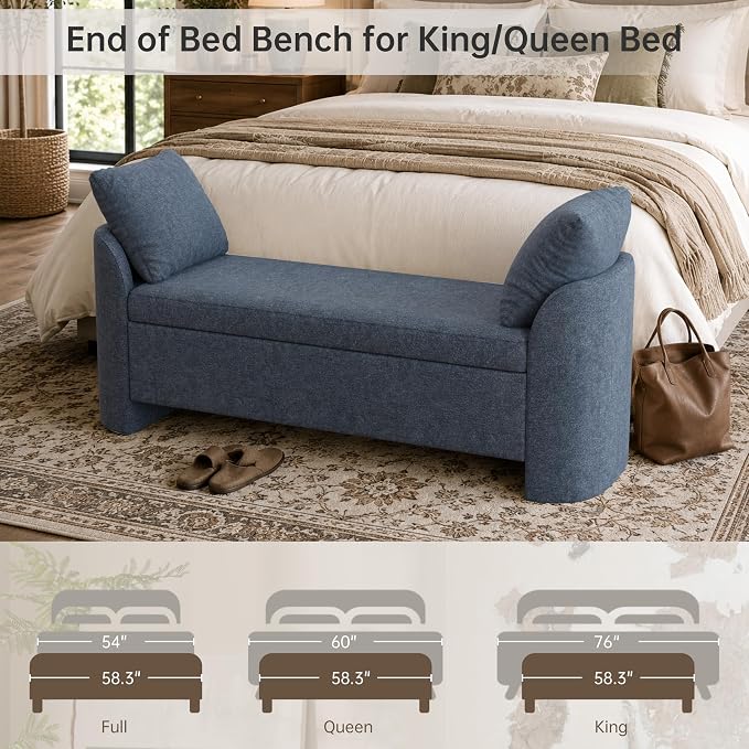Usaint 58.3" Storage Ottoman Bench with Pillows, Upholstered End of Bed Bench with Arms, Footrest Stool Bench for Bedroom, Living, Window, Entryway and Hallway, Blue