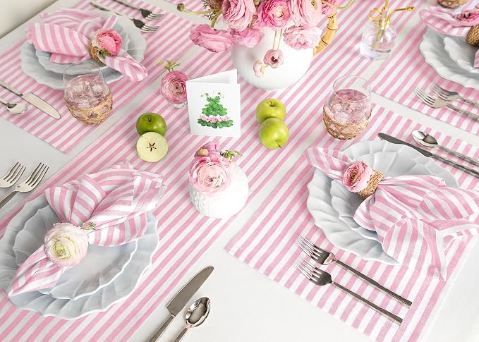 Solino Home Linen Table Runner 156 Inches Long - Amalfi Stripe, 100% Pure Linen Cherry Blossom and White Table Runner 14 x 156 Inch for Dining, Summer