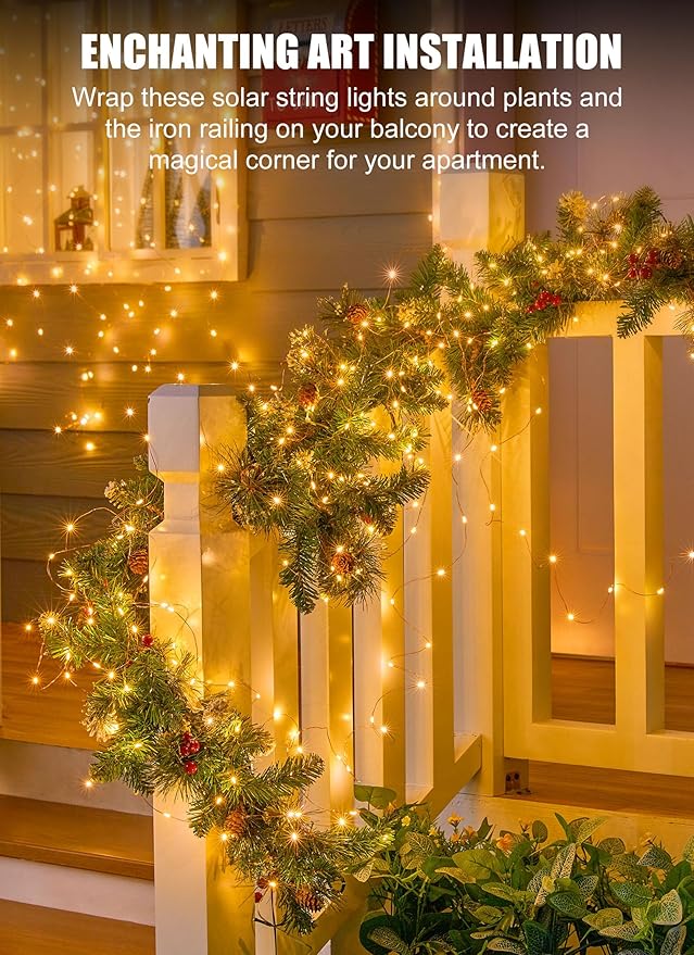 Minetom Solar String Lights, 2 Packs Total 66Ft 200 LED Solar Fairy Lights, Waterproof Solar Lights for Outside Patio Yard Tree Wedding Christmas, Warm White