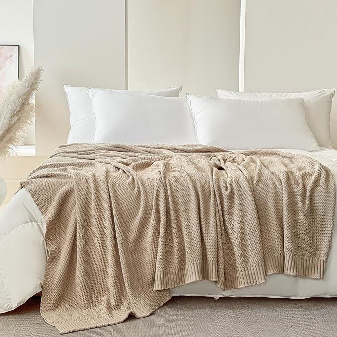Simple&Opulence 100% Cotton Blanket Queen Size, Solid Color Cable Knitted Blanket Super Soft Comfortable Breathable Decorative Farmhouse for Couch Sofa Bed, All Season Use(Light Khaki,90x90)