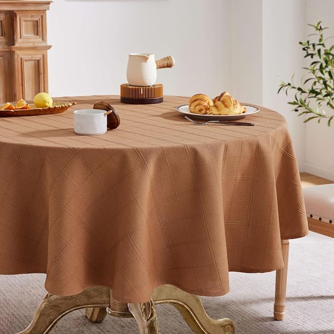 ZeeMart Linen Checked Table Cloth 52 Inches Round, Farmhouse Style Plaid Embroidered Water Resistant Table Cover, Caramel