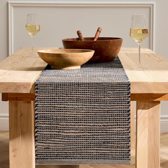 Boho Jute Table Runner for Dining Tables, Rustic Kitchen Table Runner Farmhouse Style , Cotton and Jute Neutral Colorful Indoor Kitchen Decor, 13 X 108 Inch, - Natural- Charcoal Grey