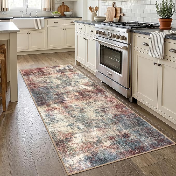 IOHOUZE Abstract Runner Rug 3x7 Ft Washable Runners for Hallways, Non Slip Kitchen Runner Printed Faux Wool Entryway Runner Indoor, Modern Abstract Floor Carpet for Hall Kitchen Bedroom, Red/Multi