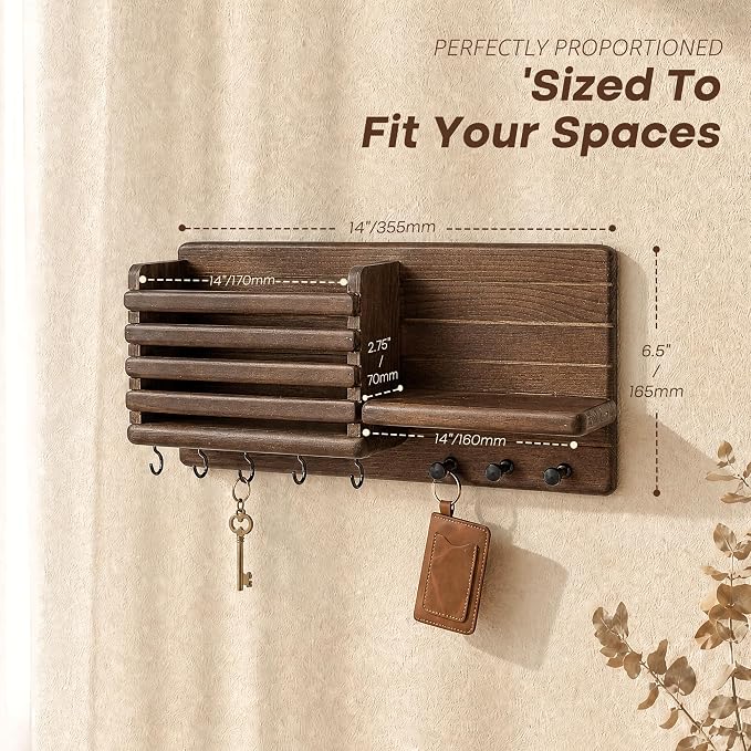 Rebee Vision Pine Wood Key Holder Wall Mount for Home Decor - Farmhouse Key Holder for Wall with 8 Hooks for Entryway, Kitchen - Mail Organizer with Round Corner for Letter, Paper & Mail (Brown)