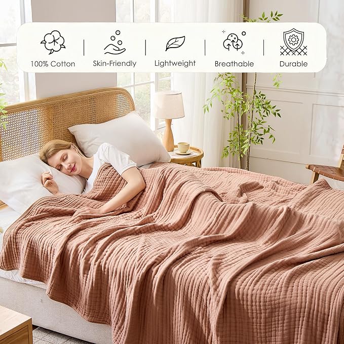 VANJOROY 9-Layer Muslin Throw Blanket Twin 60" x 80" Coffee, 100% Cotton Organic Breathable Lightweight Large Throw for Couch Bed Quilt and Bedspread - All Season Muslin Soft Gauze Blanket