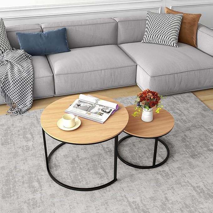 HOJINLINERO Round Coffee Table,Nesting Coffee Table Set of 2,Center Tables for Living Room,Office, Home Small Space,Stacking Side Tables,Sturdy and Easy Assembly,Wood Desktop,Black+Teak OAKDK,Large