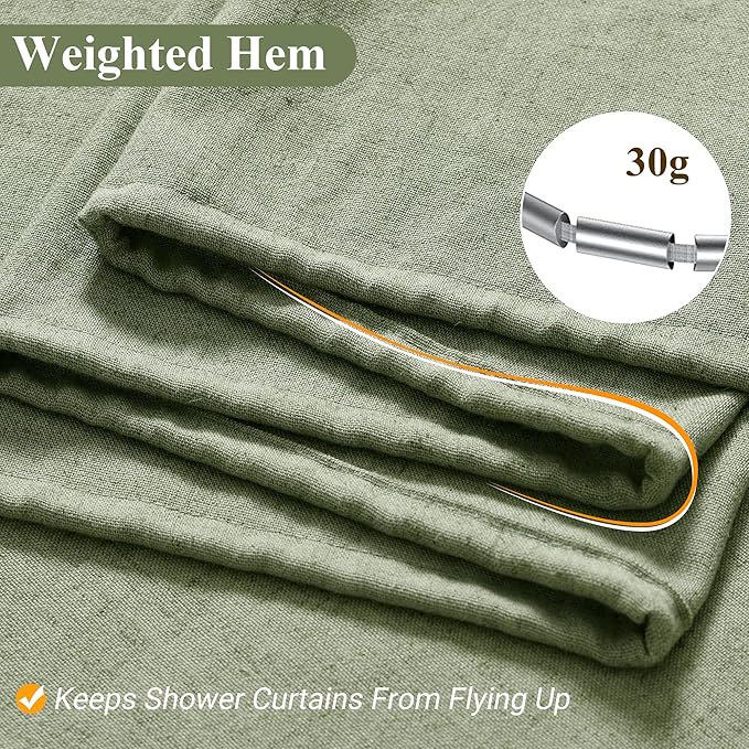 Naturoom Long Shower Curtain 96 Length,72x96 Inch Long Linen Fabric Weighted Shower Curtain Set with Hooks, Tall Bohemian Farmhouse Cloth Bath Curtains for Bathroom,Sage Green