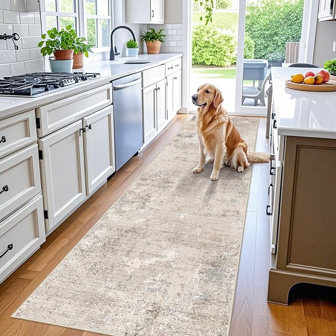 3x10 ft Washable Hallway Runner Rug – Non-Slip Long Carpet Runner for Kitchen, Indoor Entryway & Bathroom, Modern Neutral Low Pile Wide Floor Mat (Beige Grey,3x10)
