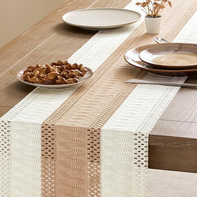 ZeeMart Macrame Style Bicolor Stitching Table Runner, 14 x 60 Inch Beige/Ivory, Boho Light Tan Table Runners 60 Inches Long, Farmhouse Woven Home Decor