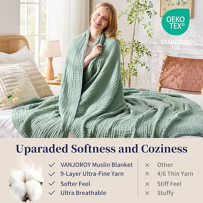 VANJOROY 9-Layer Muslin Throw Blanket Twin 60" x 80" Teal, 100% Cotton Organic Breathable Lightweight Large Throw for Couch Bed Quilt and Bedspread - All Season Muslin Soft Gauze Blanket