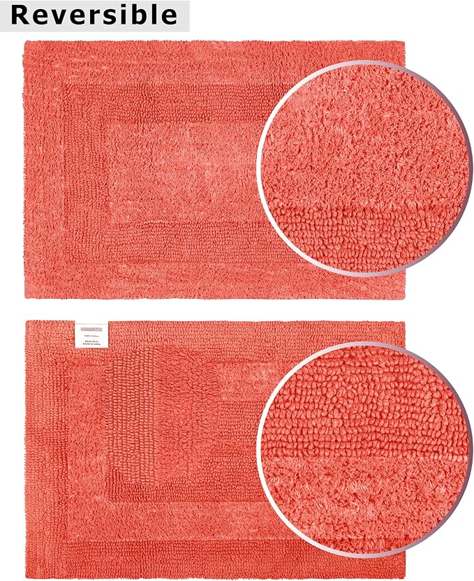 COTTON CRAFT Luxurious Bath Mat Rug - Set of 2 Reversible Heavyweight Step Out Bath Mats for Bathroom Floor, Tub and Shower - Pure Cotton Soft Plush Absorbent Tufted Racetrack Mat - 17 x 24 in - Coral