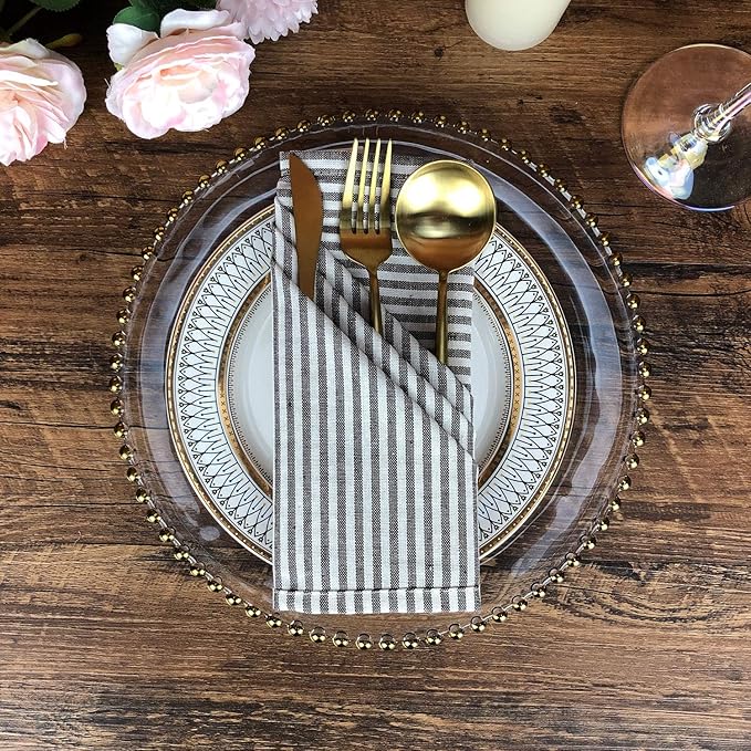 Plain Striped Cotton Linen Blended Dinner Cloth Napkins - Set of 12 (17 x 17 inches) - for Events & Home Use (Brown)