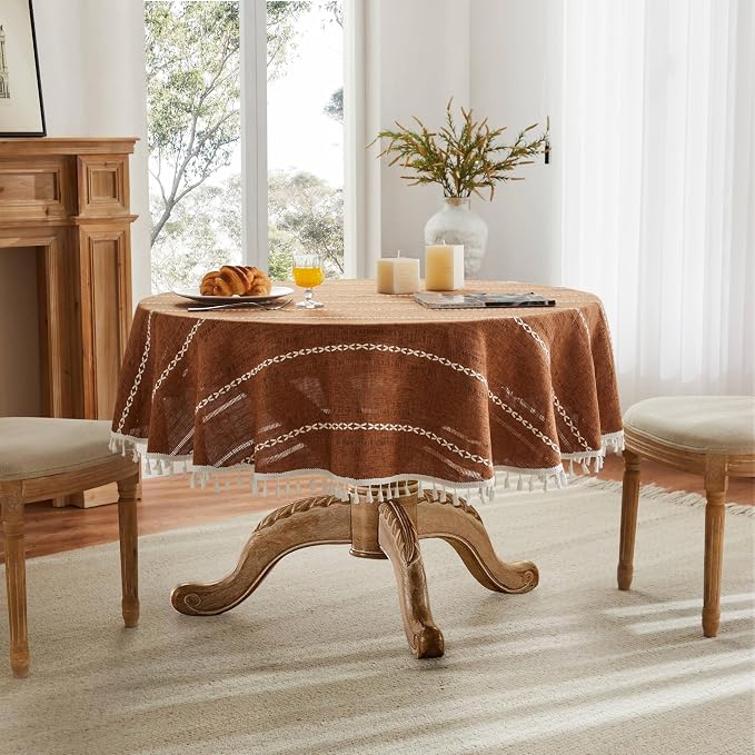 ZeeMart Hemstitched Embroidery Striped Boho Tablecloth 60 Inch Round Caramel, Heavy Weight Farmhouse Burlap Linen Orange Brown Tablecloth, Wrinkle Resistant Washable Table Cloth for Round Table